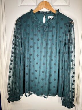NWOT Boden Teal Sheer Polka Dot Ruffle-Neck Blouse